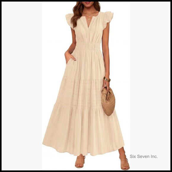 Dresses & Skirts - Breathable Cotton Maxi Dress with Pockets, Flutter Sleeves, Elastic Waist